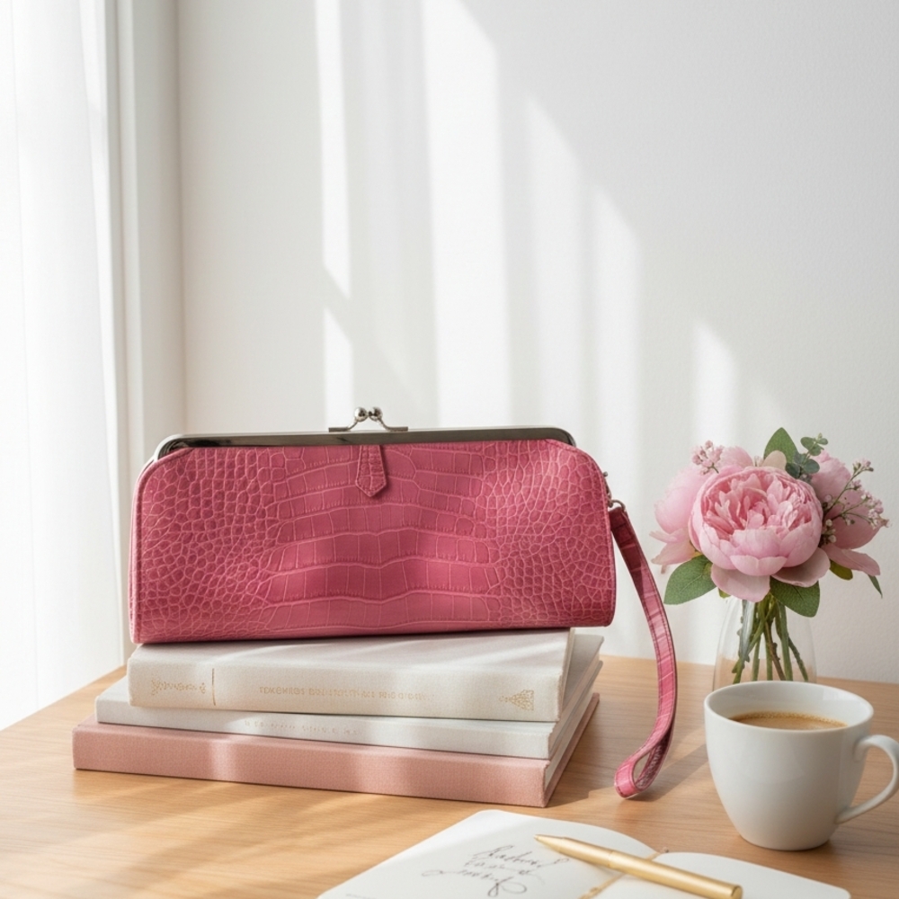 Pink Croc Textured Purse with Wrist Strap